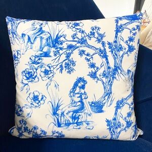 NEW Royal Blue and White Garden Sketch Pillow Lady in Flower Crown with Books